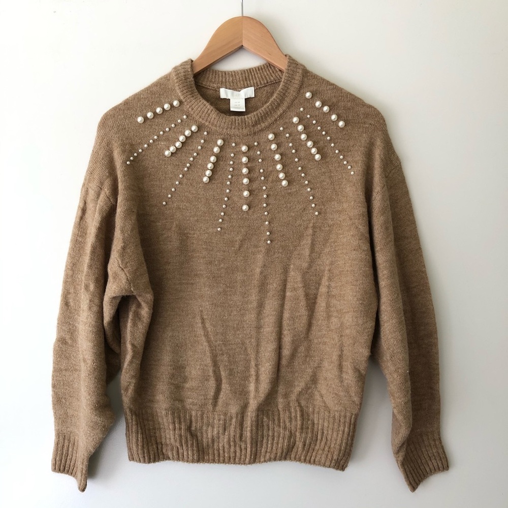 H&M Tan Pearl Embellished Crew Neck Sweater
